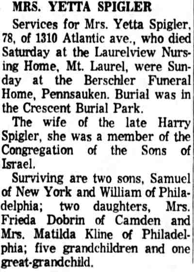 1310 Atlantic Avenue, Mrs. Yetta Spigler, Camden Courier-Post, March 20, 1965
