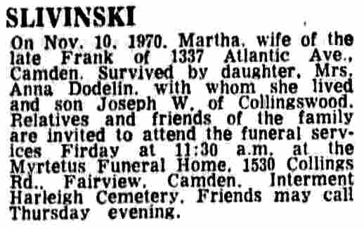 1337 Atlantic Avenue, Mrs. Anna Dodelin and family, Camden Courier-Post, November 12, 1970