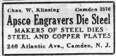 Apsco Engravers Die Steel, 240 Atlantic Avenue, Camden Courier-Post ad, March 12, 1930