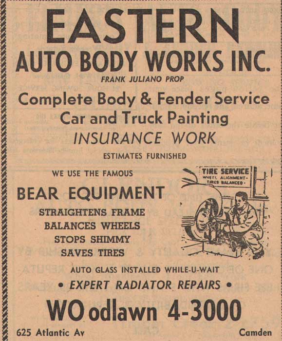 625 Atlantic Avenue, Eastern Auto Body Works, 1955 New Jersey Bell Telephone Directory Yellow Pages Ad