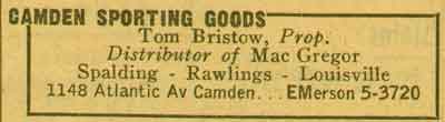 1148 Atlantic Avenue, Camden Sporting Goods, Tom Bristow, 1955 New Jersey Bell Telephone Yellow Pages Ad