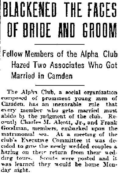 Blackened the Faces of Bride and Groom — Charles M. Alcott Jr., 584 Auburn Street, Philadelphia Inquirer, September 26, 1907