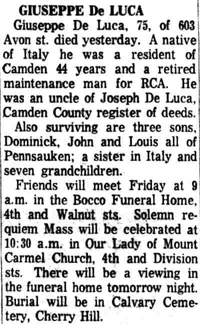 Obituary of Giuseppe De Luca, 603 Avon Street — Camden Courier-Post, January 8, 1964