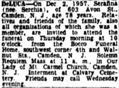 Death notice for Serafina DeLuca, 603 Avon Street — Camden Courier-Post, December 4, 1957