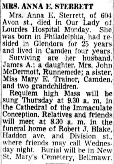 Obituary of Mrs. Anna E. Sterrett, 604 Avon Street — Camden Courier-Post, August 19, 1952