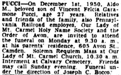 Death notice for Aldo Pucci, 605 Avon Street — Camden Courier-Post, December 2, 1950