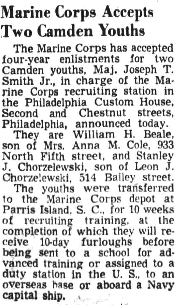 514 Bailey Street: Stanley Chorzelewski, U.S. Marine Corps — CCR August 12, 1950