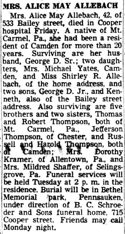 533 Bailey Street: Mrs. Alice May Allebach obituary — August 1951