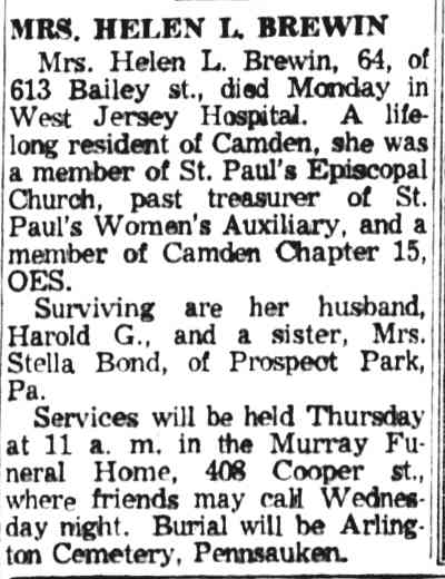 613 Bailey Street: Mrs. Helen L. Brewin obituary — CCR May 19, 1959