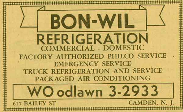 617 Bailey Street: Bon-Wil Refrigeration advertisement, 1955