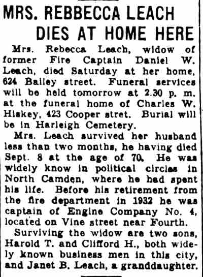 624 Bailey Street: Mrs. Rebecca Leach obituary — CCR November 6, 1933