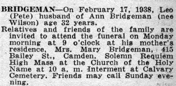 415 Bailey Street: Leo P. Bridgeman obituary — CCR February 18, 1938