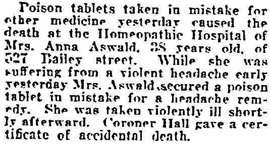 527 Bailey Street: Mrs. Anna Aswald accidental poisoning — Philadelphia Inquirer, November 26, 1922