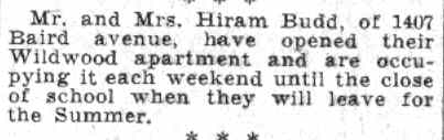 Camden Courier-Post, June 6, 1932 — social note about Mr. and Mrs. Hiram Budd of 1407 Baird Avenue opening their Wildwood apartment