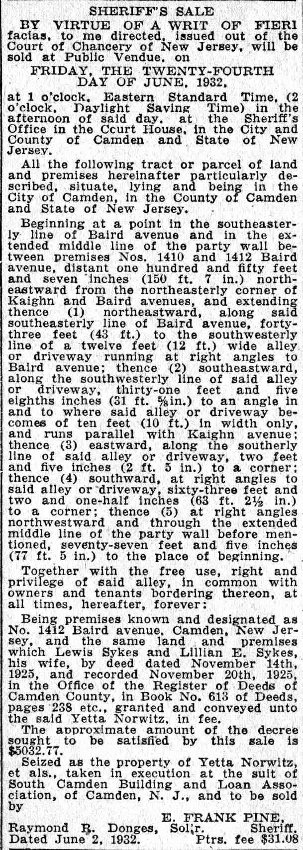 Sheriff's Sale notice, Camden Courier-Post June 9, 1932 — 1412 Baird Avenue, property of Yetta Norwitz