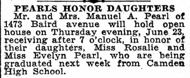 Camden Courier-Post, June 18, 1932 — 'Pearls Honor Daughters' — Mr. and Mrs. Manuel A. Pearl, 1473 Baird Avenue