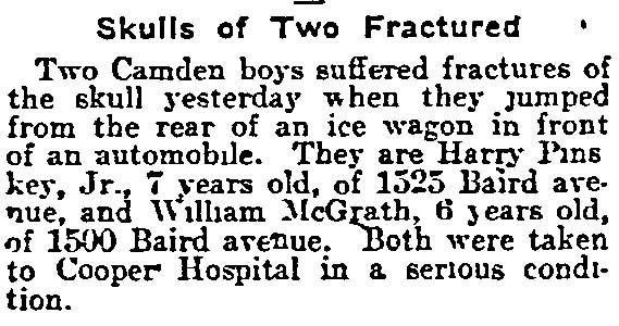 Philadelphia Inquirer, July 29, 1917 — 'Skulls of Two Fractured' — Harry Pinskey Jr. and William McGrath, 1525 and 1500 Baird Avenue
