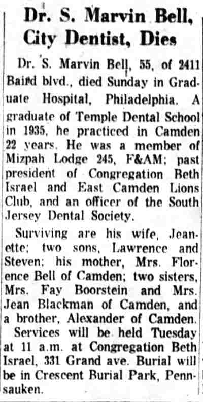 Camden Courier-Post, June 25, 1962 — 'Dr. S. Marvin Bell, City Dentist, Dies' — 2411 Baird Boulevard