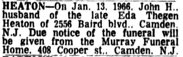 Camden Courier-Post, January 14, 1966 — death notice for John H. Heaton, 2556 Baird Boulevard