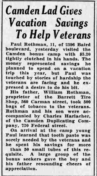 Camden Courier-Post, June 9, 1932 — 'Camden Lad Gives Vacation Savings To Help Veterans' — Paul Rothman, 2596 Baird Boulevard