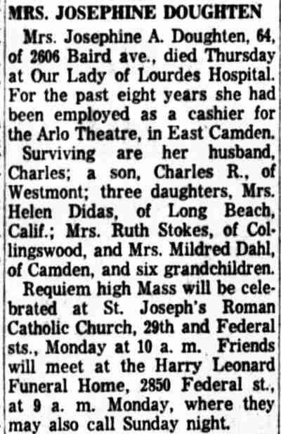 Camden Courier-Post, July 15, 1960 — obituary for Mrs. Josephine Doughten, 2606 Baird Avenue
