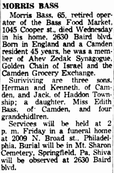 Camden Courier-Post, February 19, 1959 — obituary for Morris Bass, 2630 Baird Boulevard