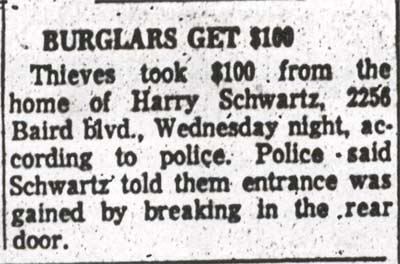 Camden Courier-Post, February 15, 1962 — 'Burglars Get $100' — Harry Schwartz, 2256 Baird Boulevard
