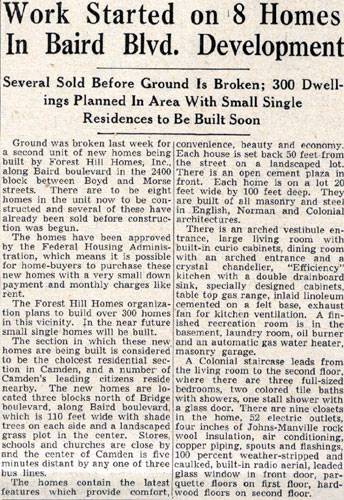 Work Started on 8 Homes In Baird Blvd. Development - Camden Courier-Post, June 19, 1939