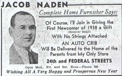 Courier-Post ad, January 1 1938 - Naden donated gifts to first baby born in Camden in 1938