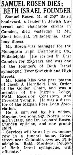 Samuel Rosen obituary, Camden Courier-Post, June 14, 1944