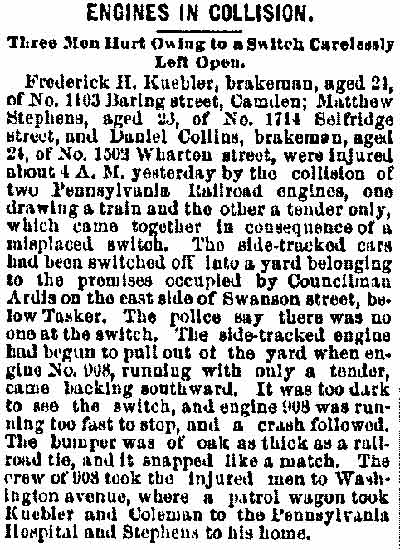 Engines in Collision, Philadelphia Inquirer, September 12, 1888 — Frederick H. Kuebler of 1103 Baring Street injured in Pennsylvania Railroad collision