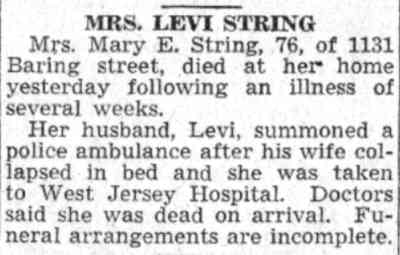 Mrs. Levi String obituary, Camden Courier-Post, July 28, 1941 — Mary E. String of 1131 Baring Street