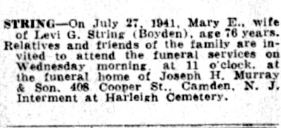 String death notice, Camden Courier-Post, July 29, 1941