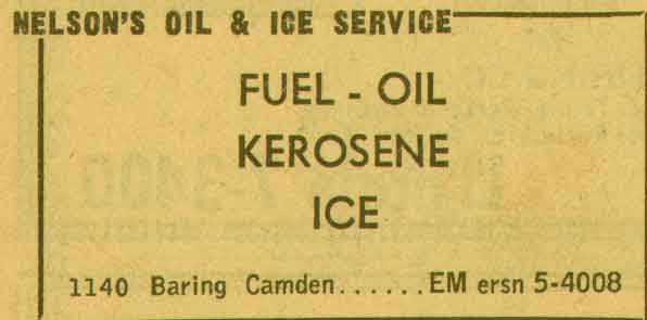Nelson's Oil and Ice Service, 1140 Baring Street, New Jersey Bell Telephone Yellow Pages advertisement, 1955
