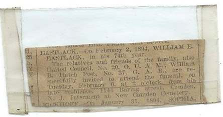Eastlack death notice, Philadelphia Inquirer, February 1894 — 1141 Baring Street, William E. Eastlack