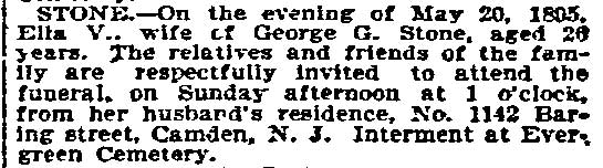 Stone death notice, Philadelphia Inquirer, May 23, 1895 — Ella V. Stone of 1142 Baring Street