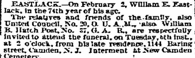 Eastlack death notice, Philadelphia Inquirer, February 6, 1894 — 1144 Baring Street, William E. Eastlack