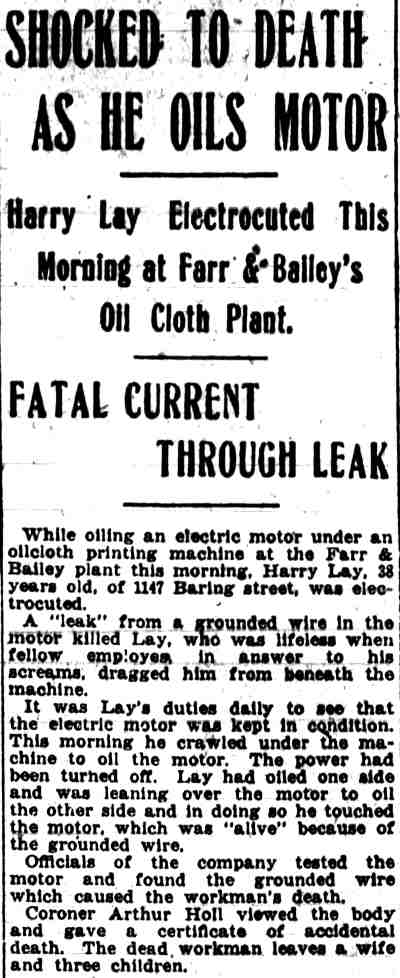 Shocked to Death as He Oils Motor, Camden Post-Telegram, November 25, 1919 — Harry Lay electrocuted at Farr and Bailey plant