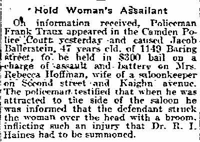 Hold Woman's Assailant, Philadelphia Inquirer, September 11, 1918 — Jacob Ballerstein of 1149 Baring Street held for assault on Rebecca Hoffman