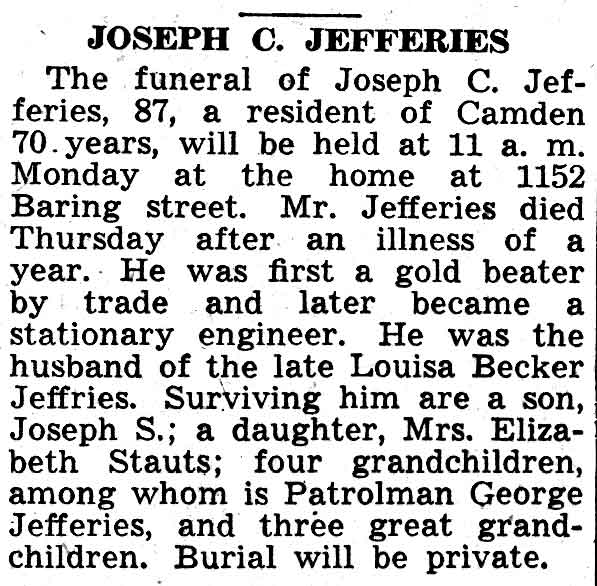 Joseph C. Jefferies obituary, Camden Courier-Post, February 19, 1938 — 1152 Baring Street