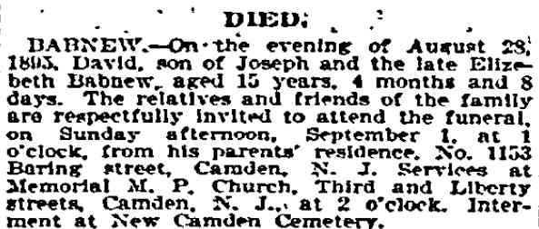 Barnew death notice, Philadelphia Inquirer, September 1, 1893 — David Barnew of 1153 Baring Street