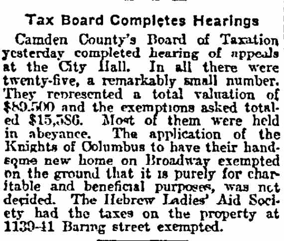Tax Board Completes Hearings, Philadelphia Inquirer, August 25, 1912 — Hebrew Ladies Aid Society property at 1139-41 Baring Street exempted