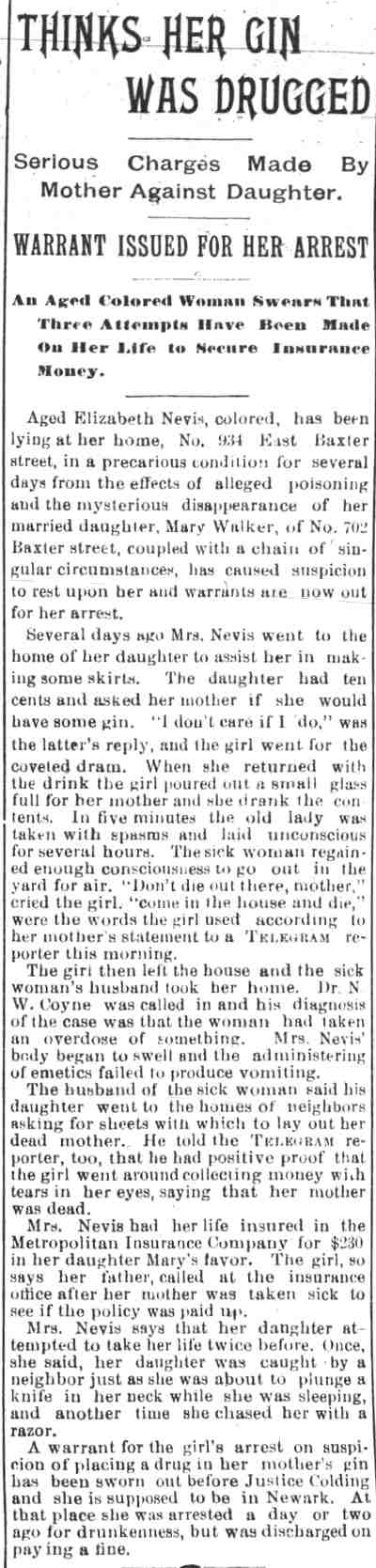 Newspaper clipping: Thinks Her Gin Was Drugged, 1895