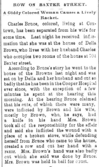 Newspaper clipping: Row on Baxter Street, 1882