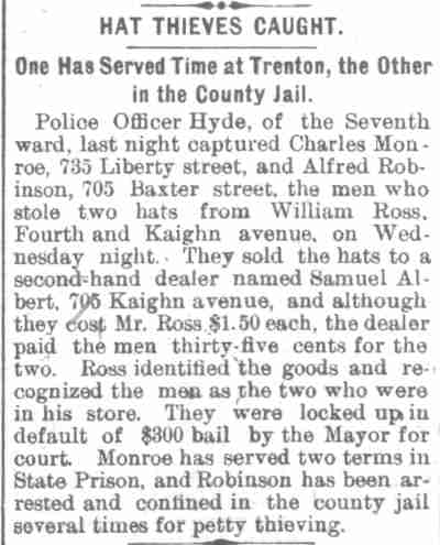 Newspaper clipping: Hat Thieves Caught, 1896