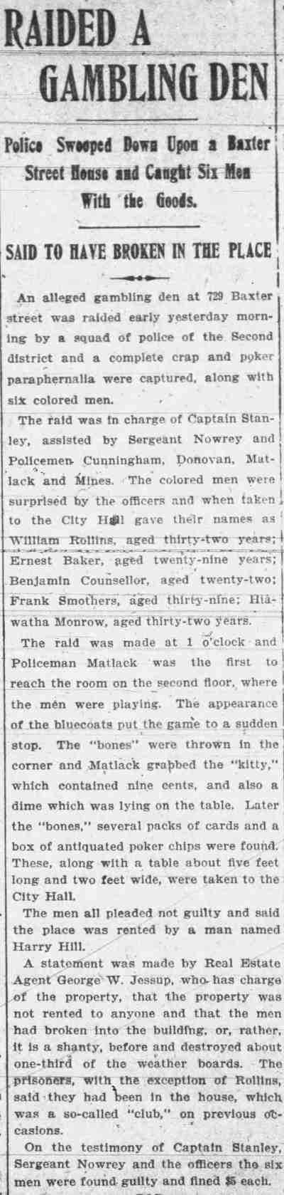 Newspaper clipping: Raided a Gambling Den, 1902