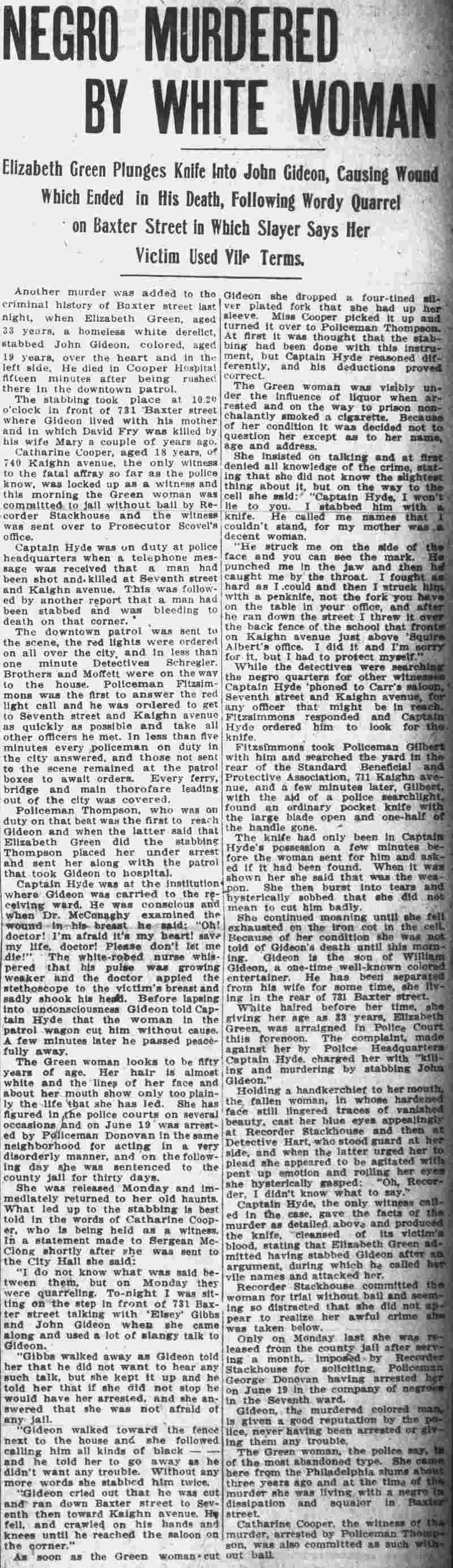 Newspaper clipping: Negro Murdered by White Woman, 1911
