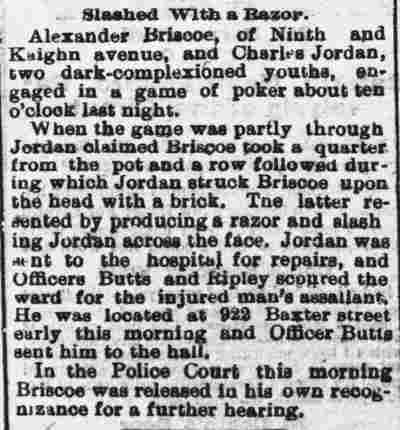 Newspaper clipping: Slashed With a Razor, 1893