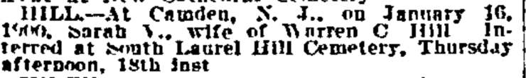 Death of Sarah V. Hill, Philadelphia Inquirer, January 19, 1900