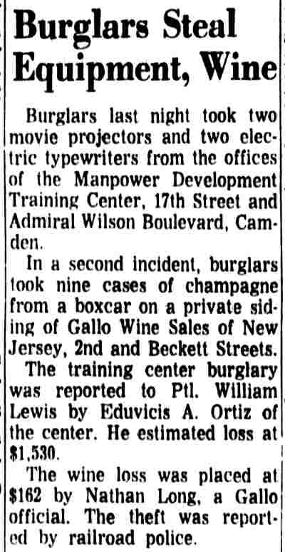 Burglars Steal Equipment, Wine, Camden Courier-Post, July 15, 1968
